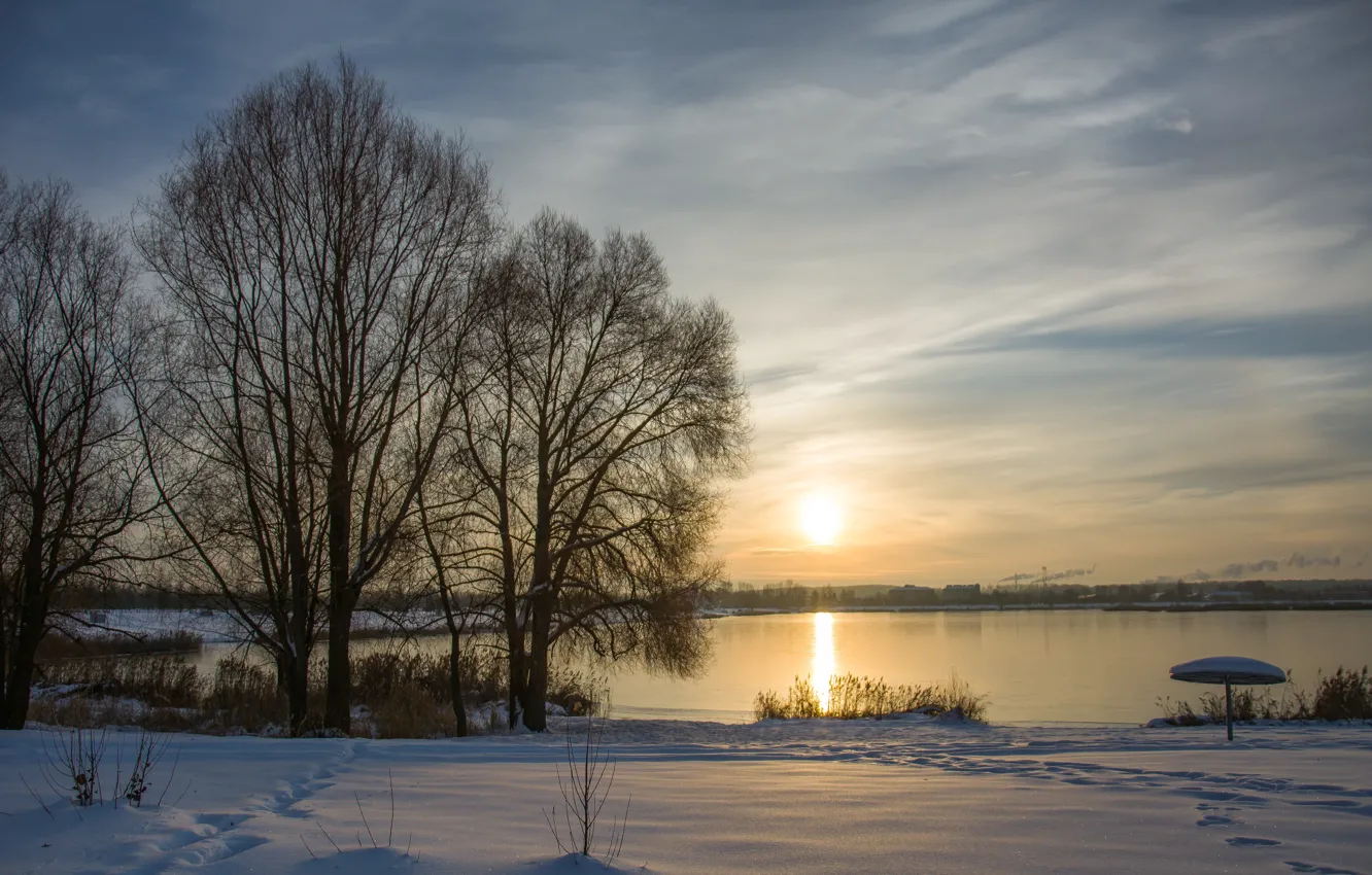 Фото обои солнце, снег, озеро, рассвет