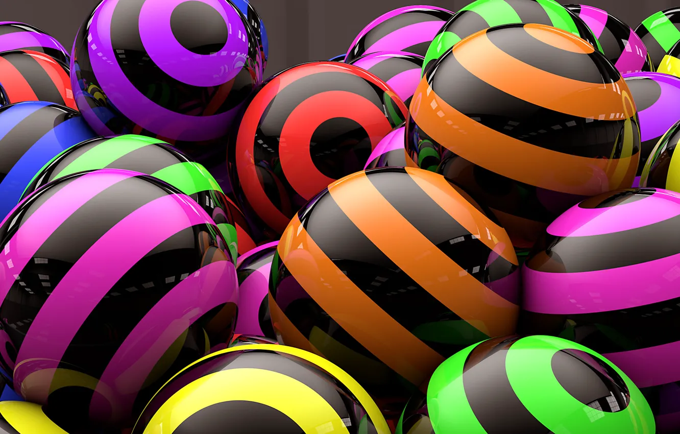 Фото обои шарики, полосы, рендеринг, разноцветные