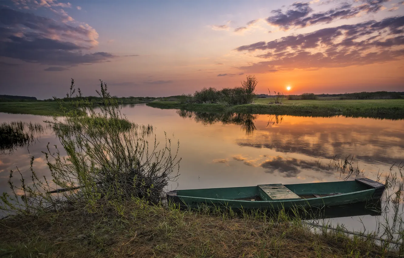 Фото обои пейзаж, природа, река, рассвет, лодка, утро, берега, Robert Kropacz