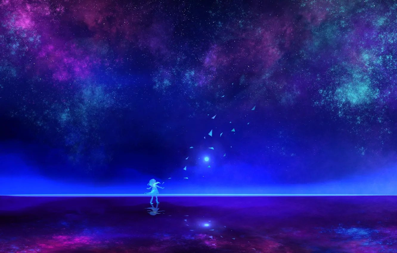 Фото обои вода, девушка, ночь, силуэт, звездное небо