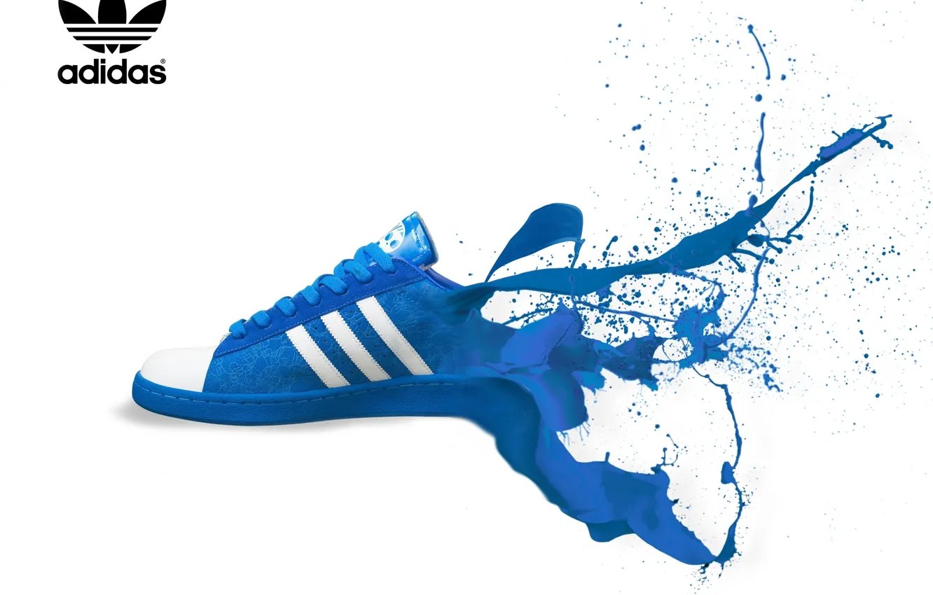 Фото обои брызги, синий, краска, цвет, белый фон, адидас, adidas, кроссовки