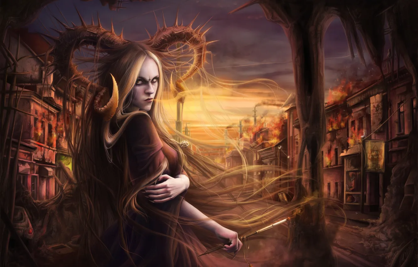 Фото обои девушка, город, огонь, демон, арт, шипы, разрушение, рога