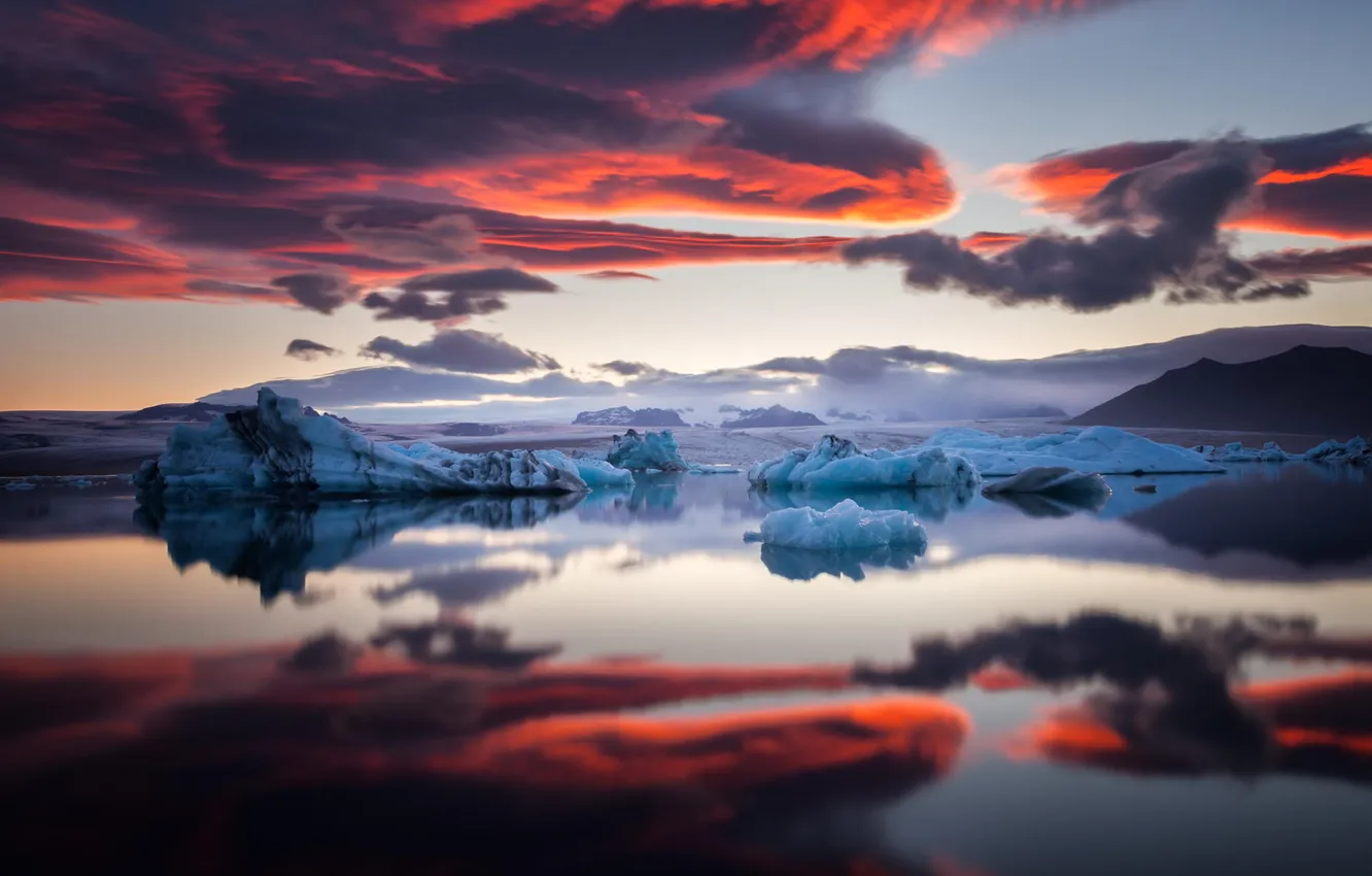 Фото обои лед, море, облака, горы, рассвет, айзберги