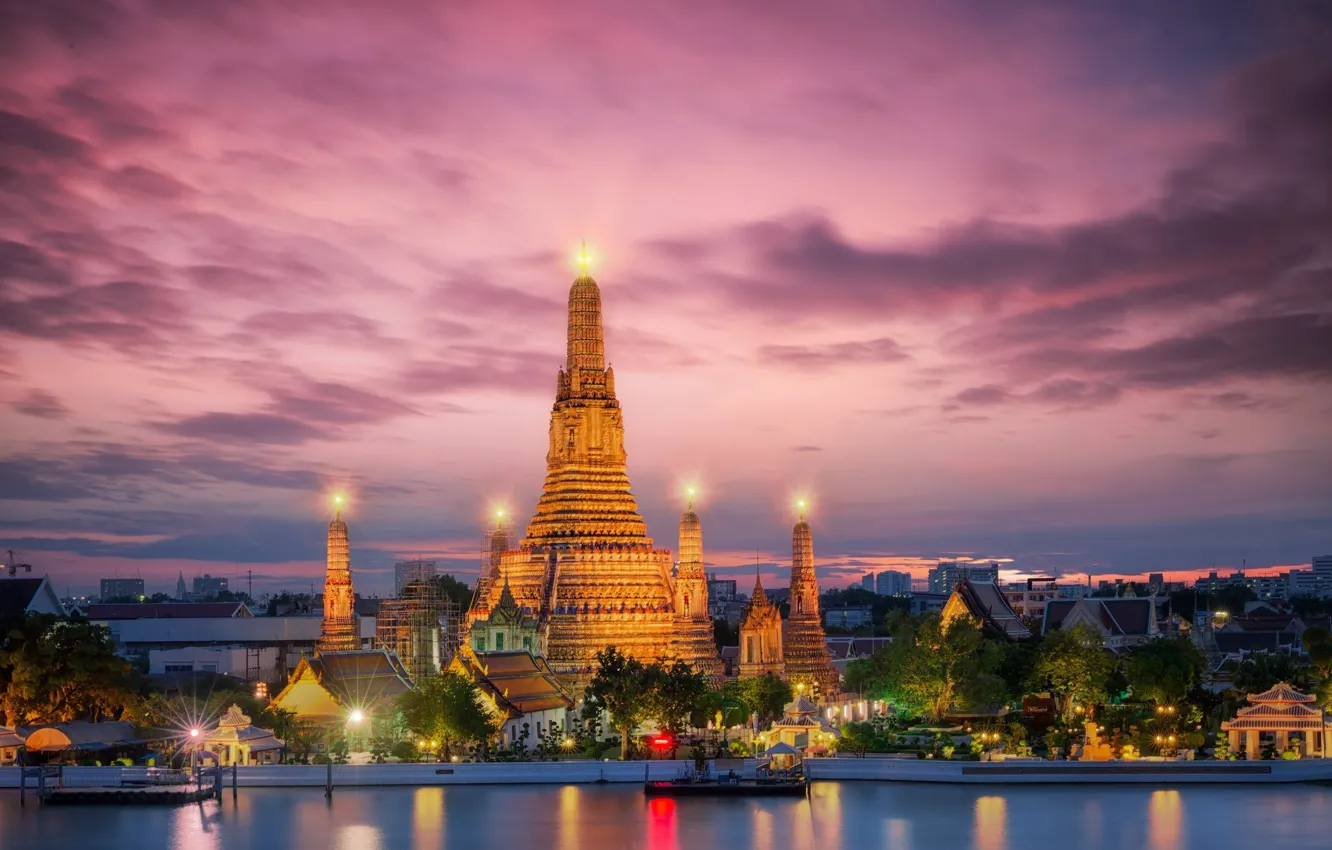 Фото обои вода, свет, город, утро, храм, Тайланд, Бангкок
