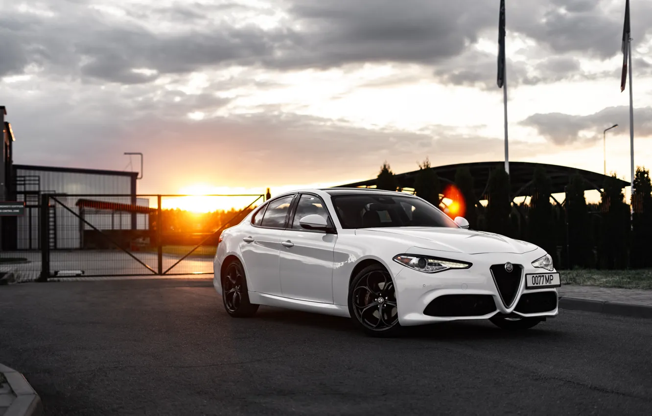 Фото обои белый, закат, alfa romeo, альфа ромео, джулия, alfa romeo giulia