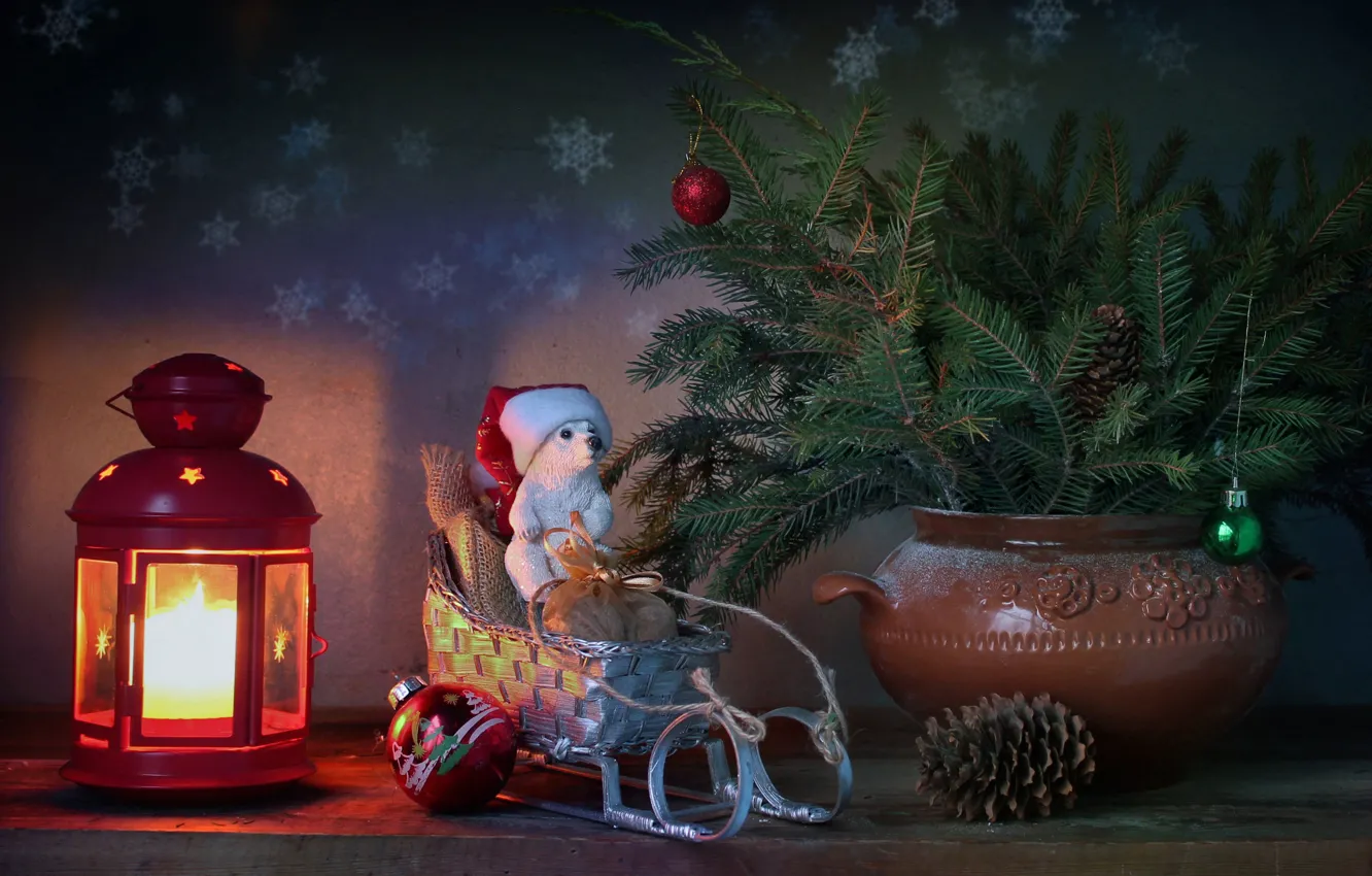 Фото обои зима, елка, новый год, рождество, свеча, мишка, фонарик, подарки