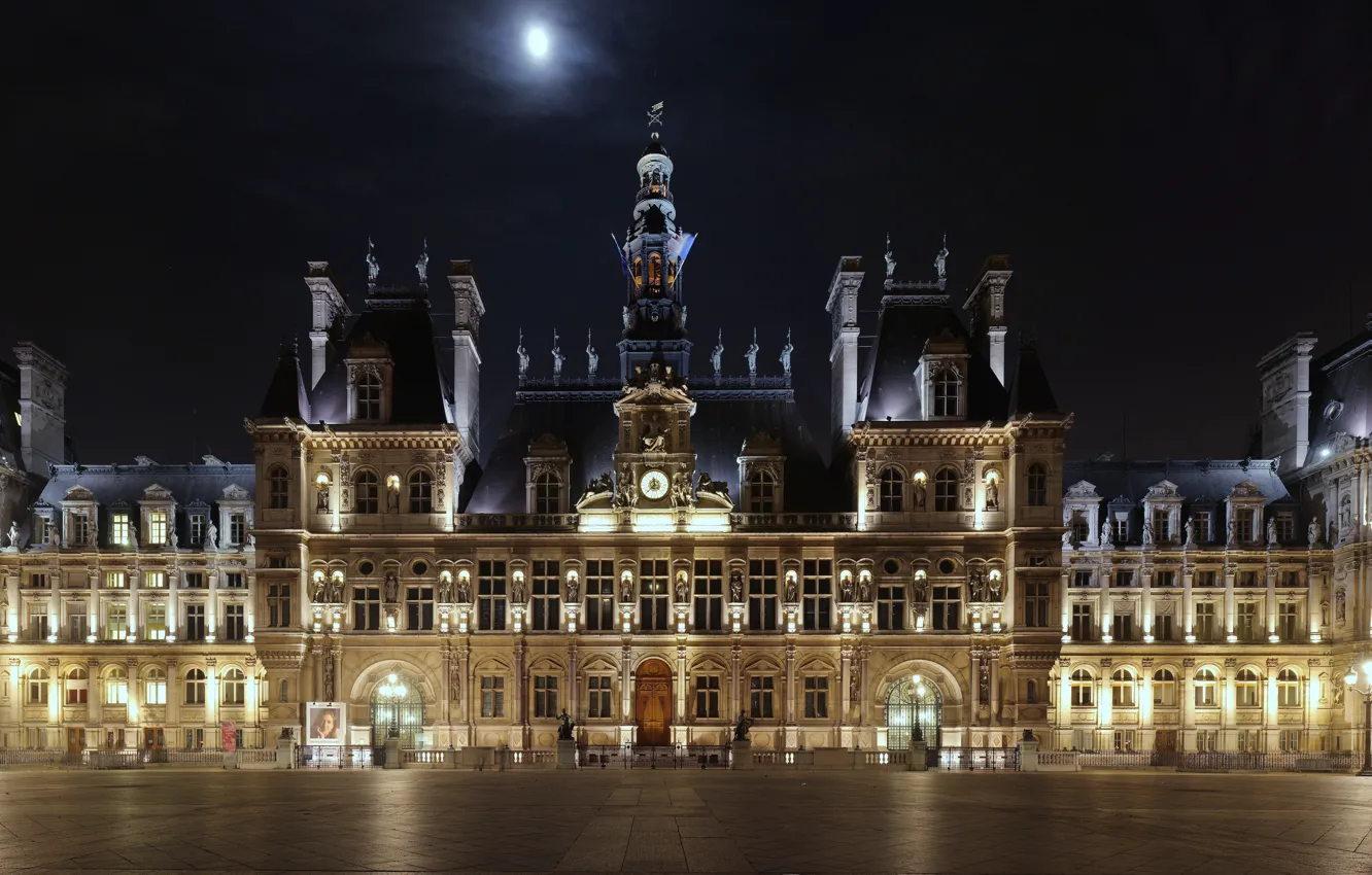 Фото обои ночь, огни, луна, Франция, Париж, часы, освещение, площадь