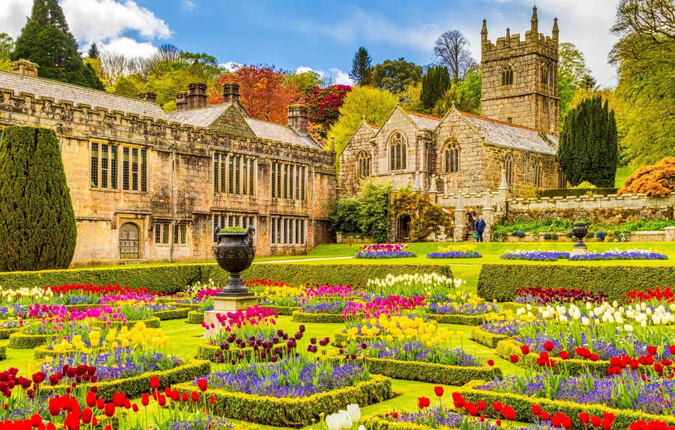 Фото обои цветы, Англия, сад, церковь, особняк, England, Корнуолл, Cornwall
