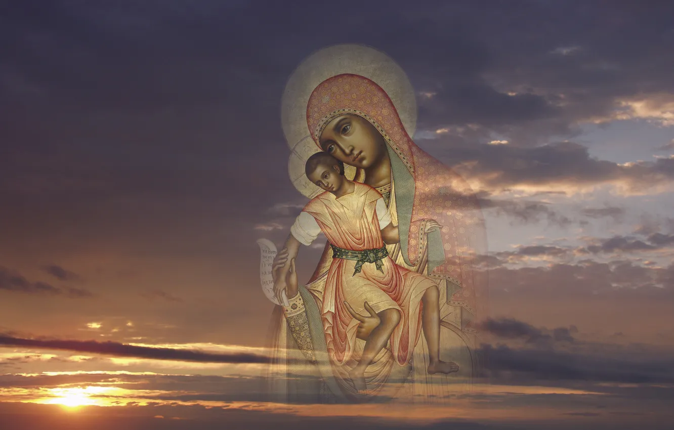 Фото обои небо, Иисус, облока, икона, Богородица