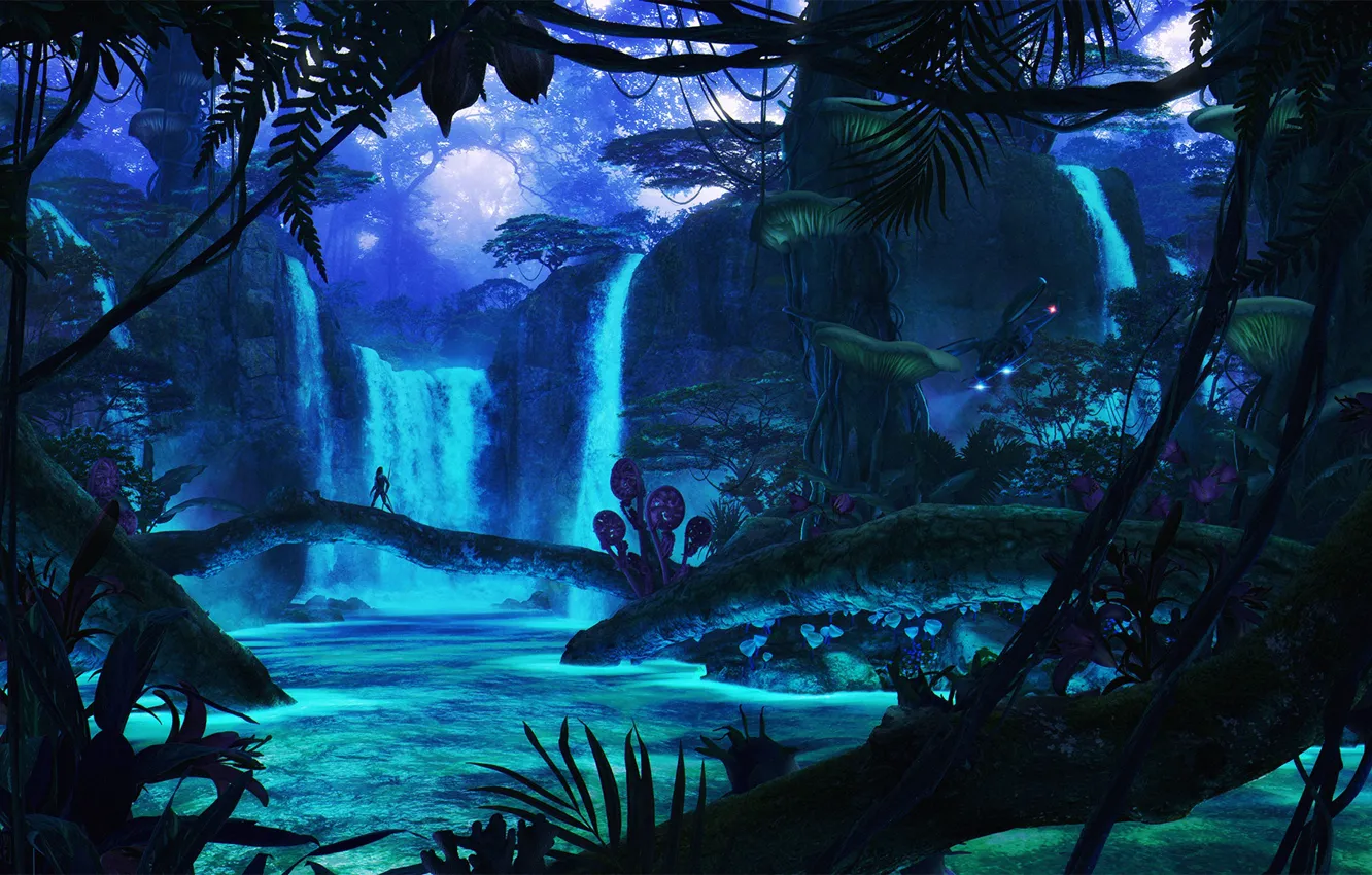 Фото обои ночь, водопад, pandora, пандора, final, таинственный лес, одинокий путник, фантастические миры