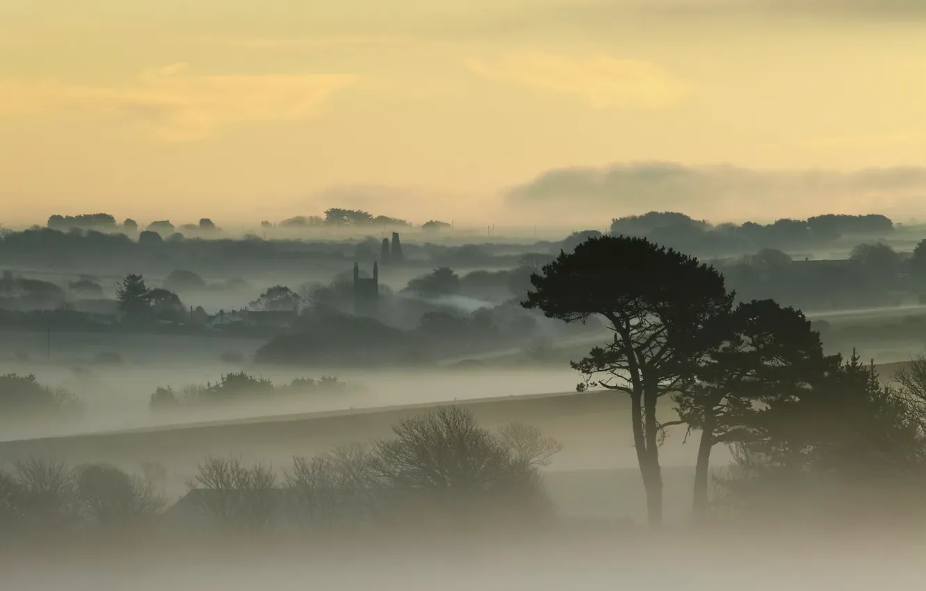 Фото обои небо, деревья, туман, рассвет, Англия, дома, England, Корнуолл