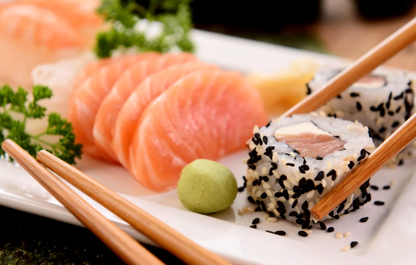 Фото обои рыба, палочки, rolls, sushi, суши, кунжут, fish, роллы