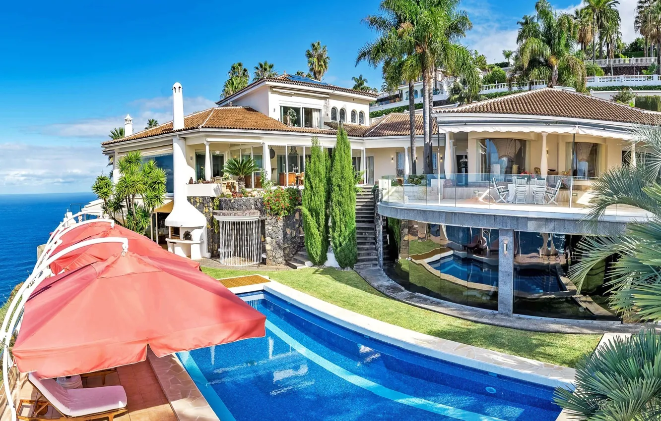 Фото обои пальмы, вилла, бассейн, архитектура, терраса, кипарисы, Tenerife, Las Casas Canarias