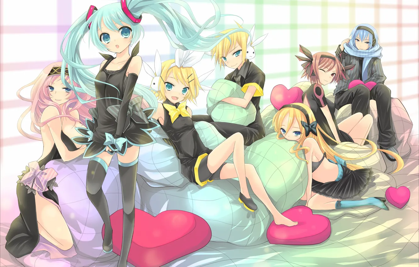 Фото обои подушки, аниме, арт, сердечки, Vocaloid, Вокалоид, персонажи