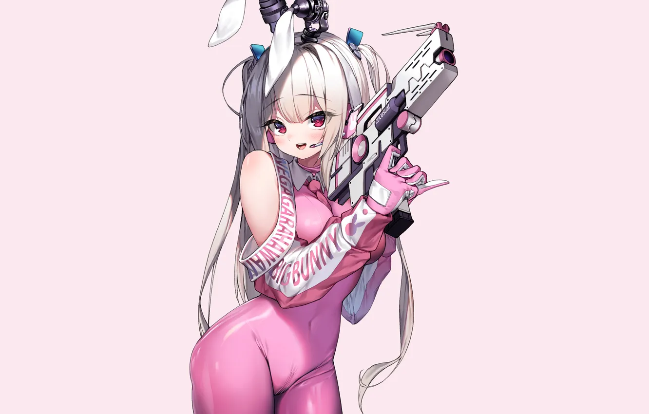 Фото обои girl, gun, pistol, sexy, long hair, animal ears, anime, beautiful