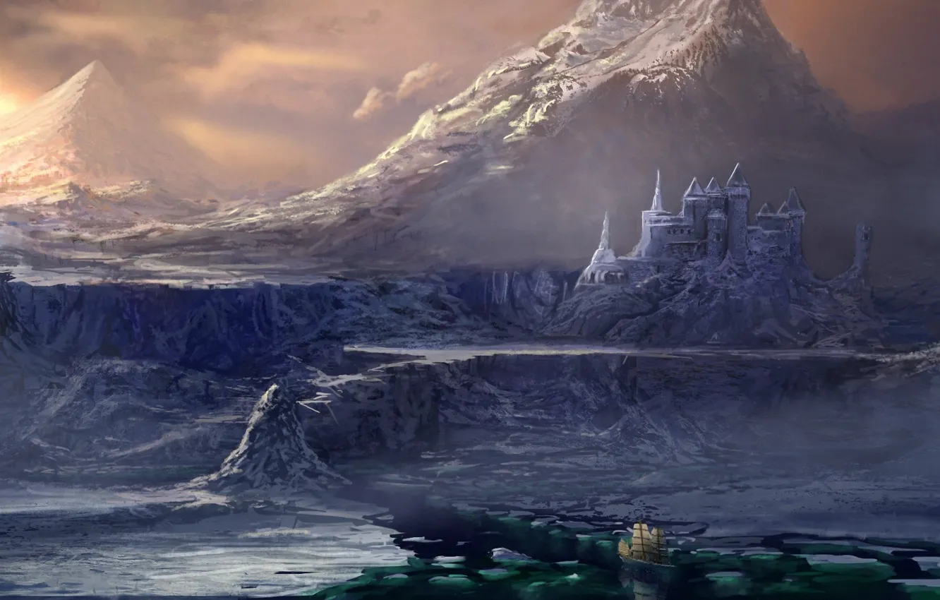 Фото обои холод, море, вода, горы, замок, скалы, корабль, парусник