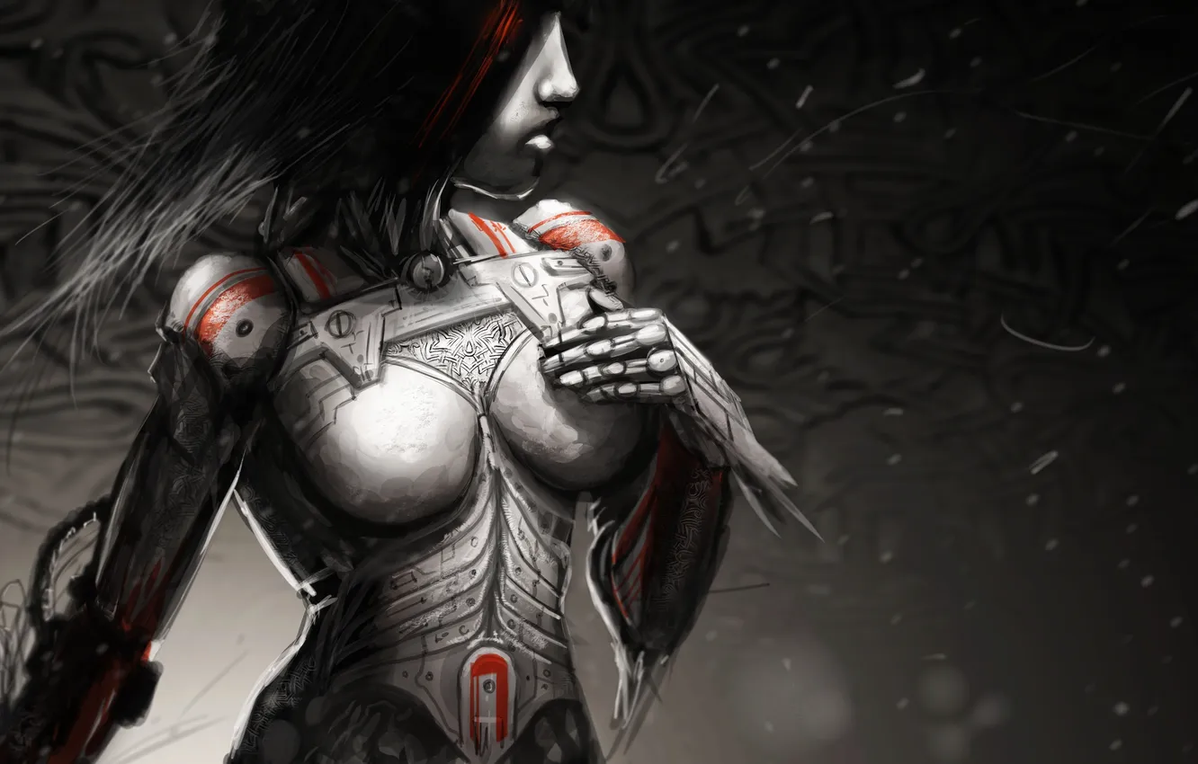 Фото обои девушка, красный, металл, ветер, тело, робот, арт, черно-белое