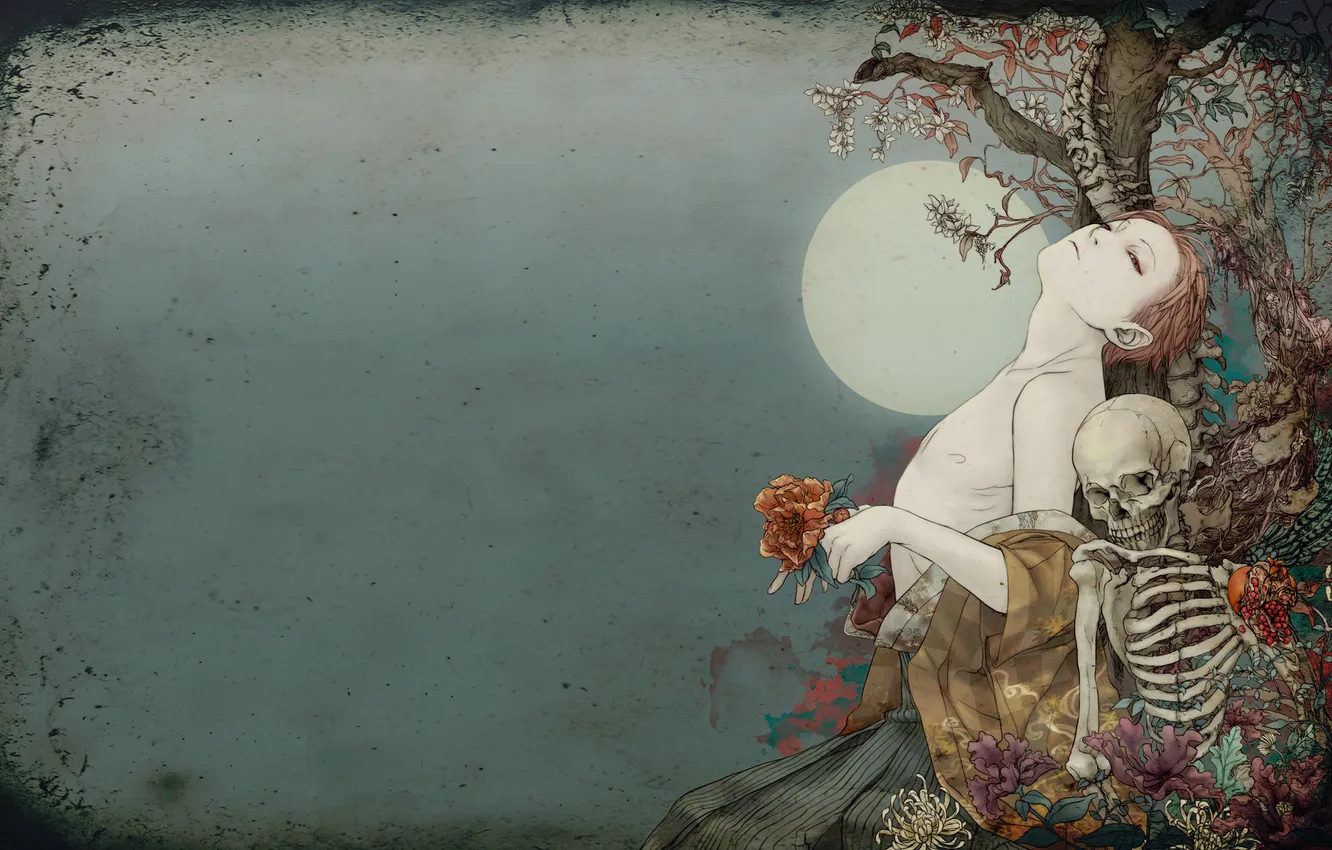 Фото обои цветы, дерево, луна, череп, скелет, кимоно, mecchori