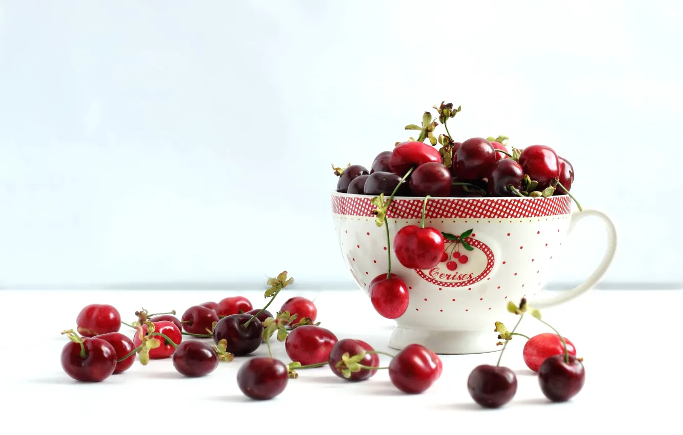 Фото обои ягоды, чашка, черешней, cherry.
