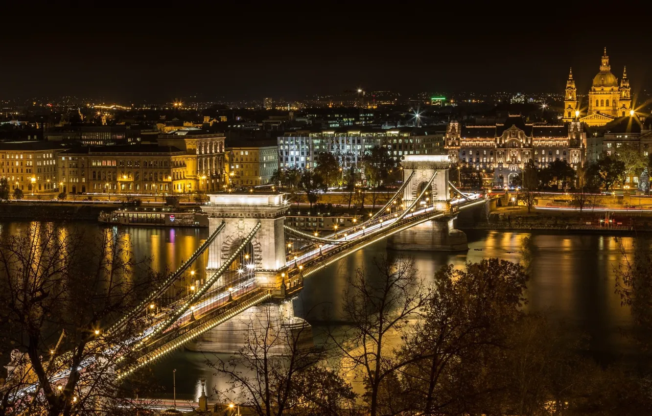 Фото обои ночь, мост, город, огни, река, Венгрия, Будапешт