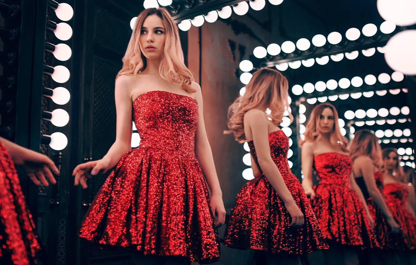 Фото обои Girl, Red, Model, Beauty, Blonde, View, Hair, Gorokhov