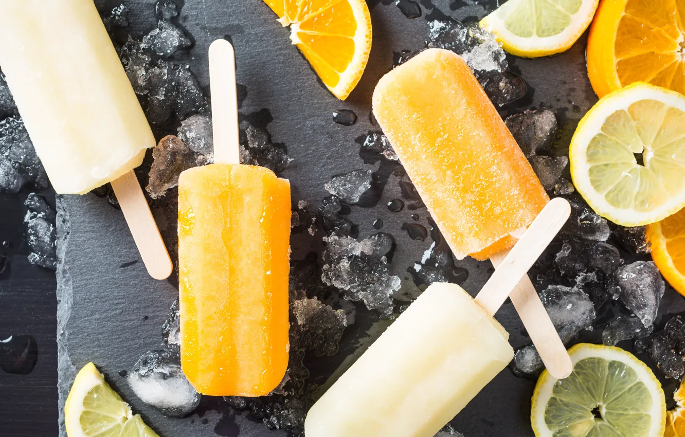 Фото обои лимон, апельсин, лёд, палочки, мороженое