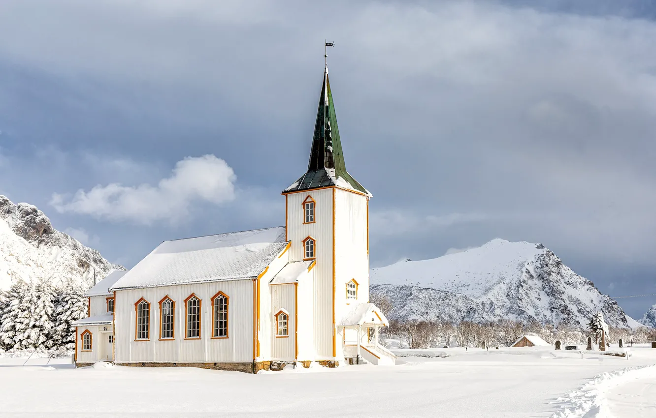 Фото обои Норвегия, церковь, Лофотенские острова