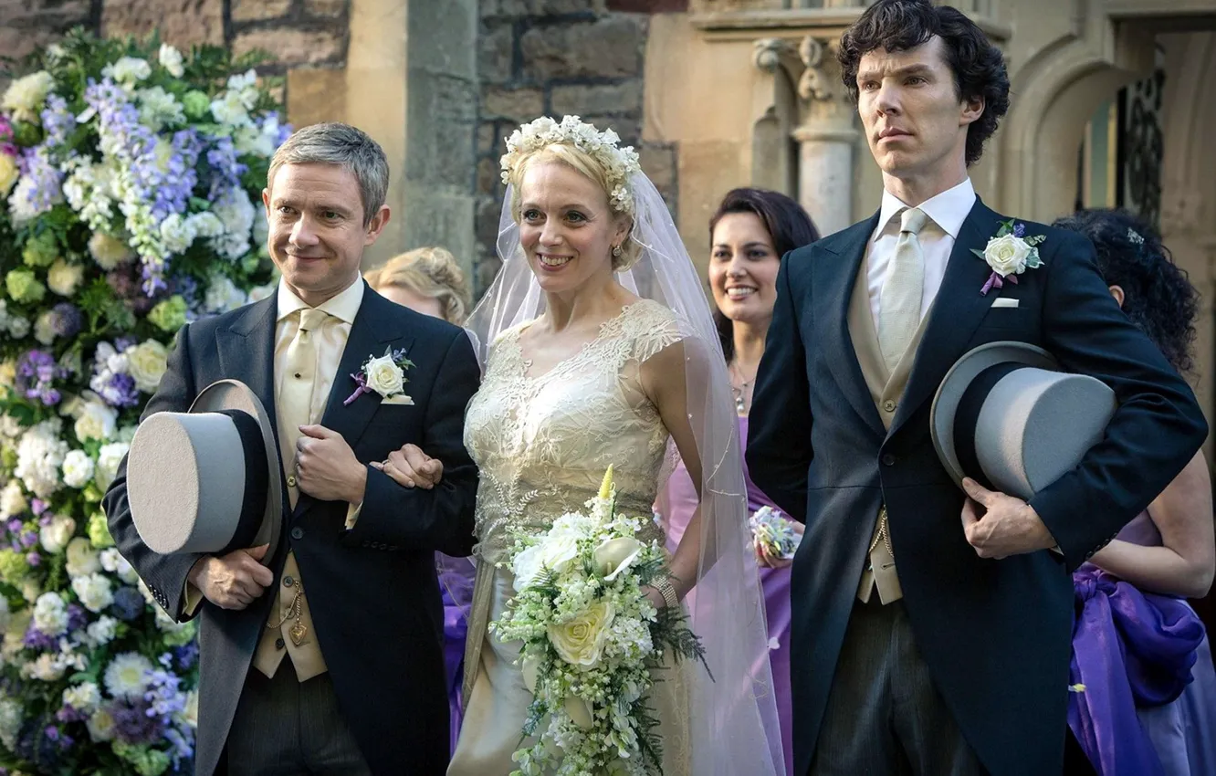 Фото обои Шерлок Холмс, свадьба, Мартин Фриман, Бенедикт Камбербэтч, Sherlock, Sherlock BBC, Sherlock Holmes, жених и невеста