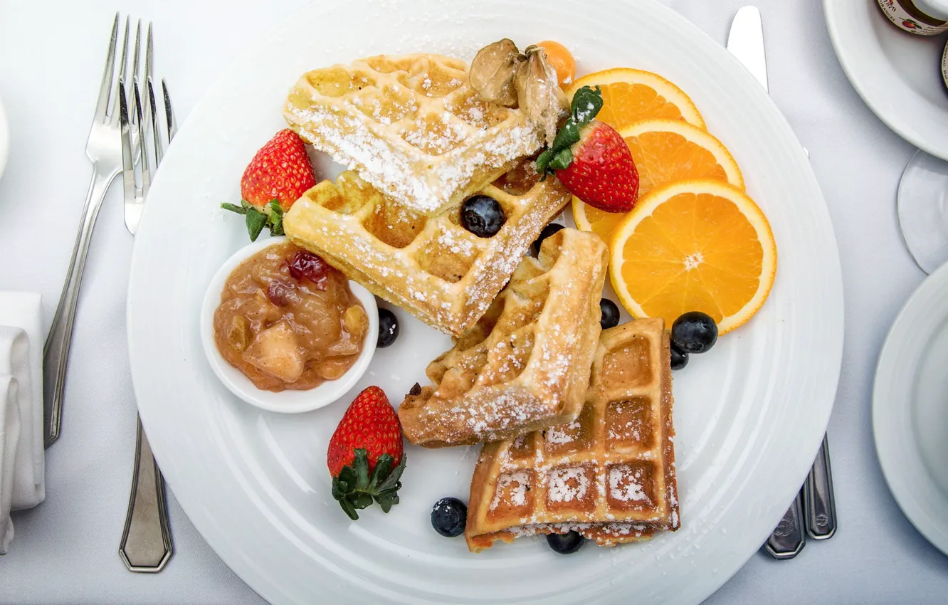 Фото обои апельсин, клубника, вафли