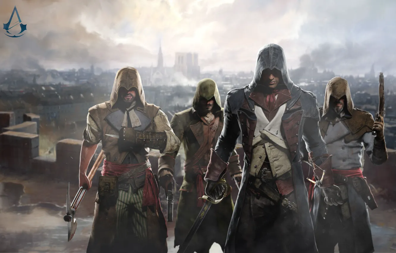 Фото обои пистолет, меч, топор, art, ассасины, Assassin's Creed: Unity