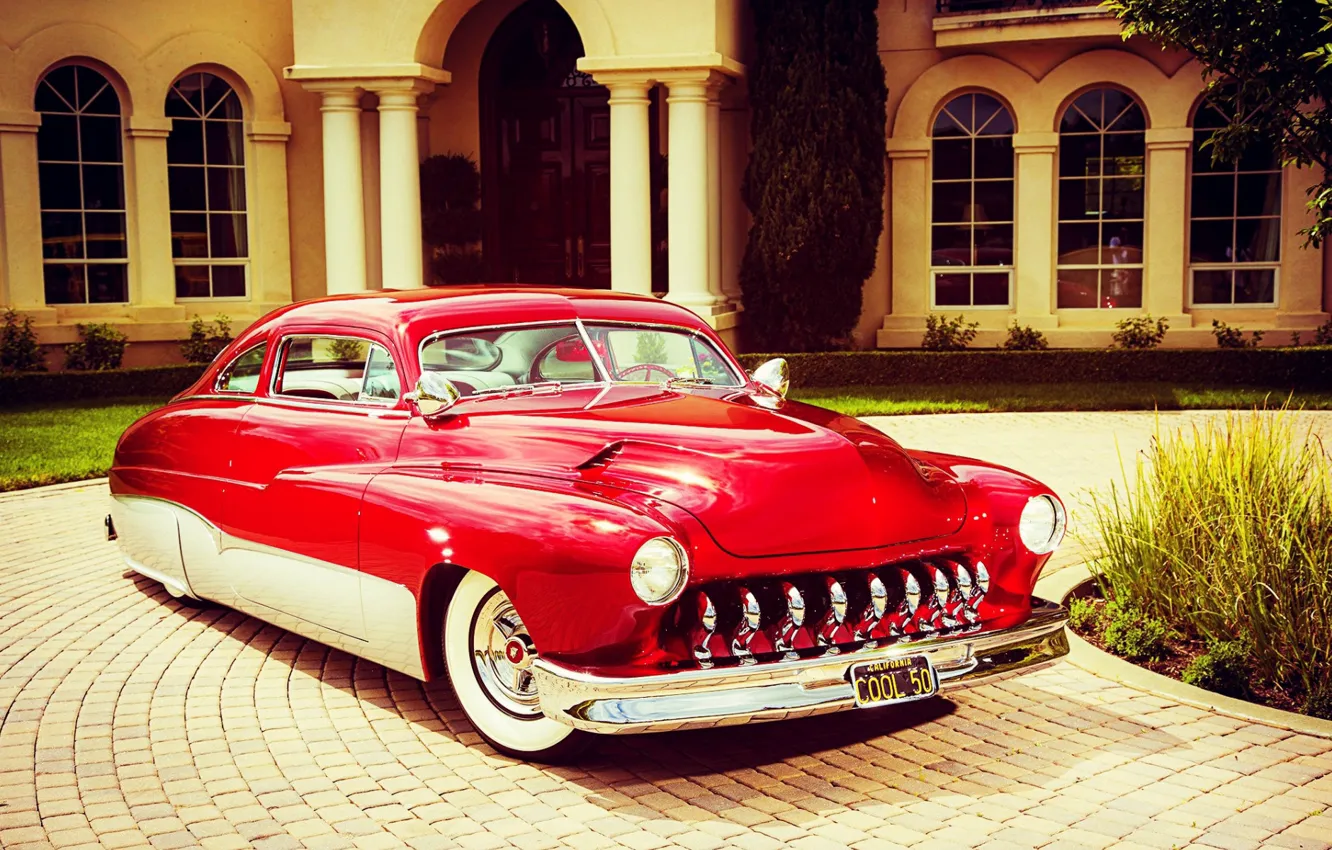 Фото обои House, Red, Car, Classic, Old, Vintage, Mercury
