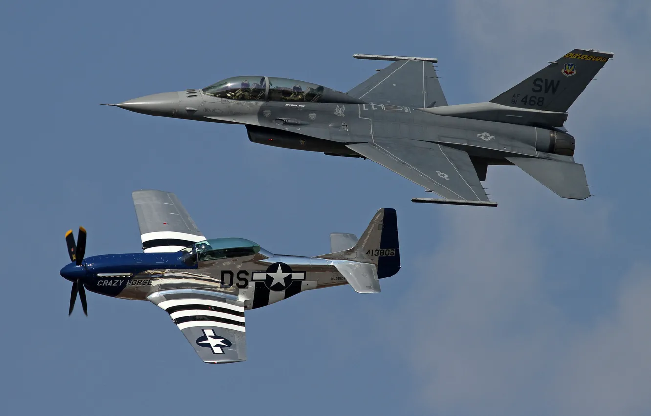 Фото обои полет, Mustang, истребители, P-51, F-16, Fighting Falcon