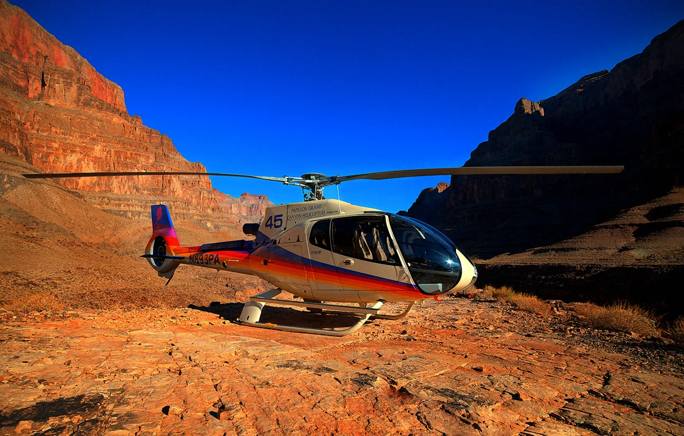 Фото обои небо, горы, каньон, вертолет, синее, helicopter, Grand Canyon