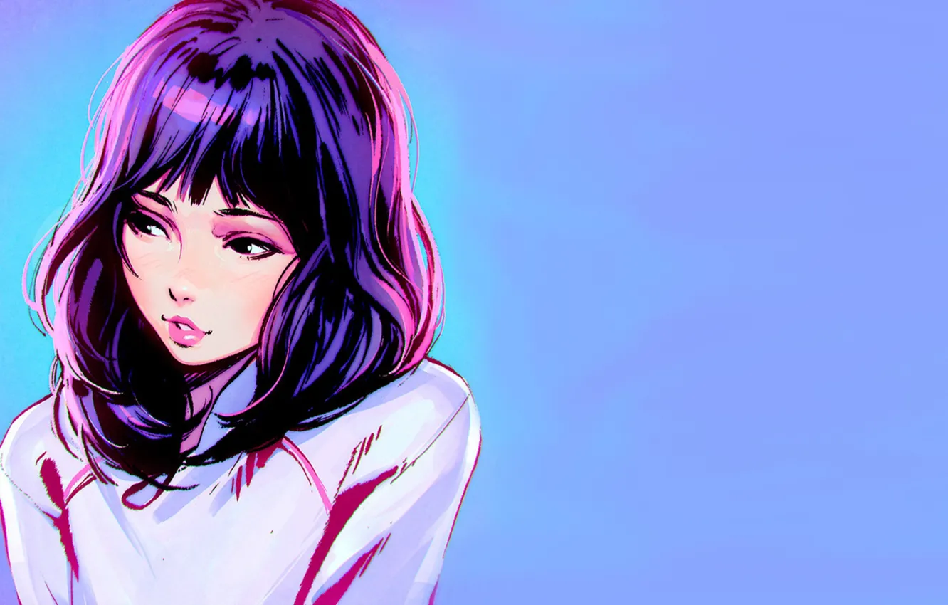 Фото обои women, digital art, simple background, white shirt, looking away, Ilya Kuvshinov, shoulder length hair