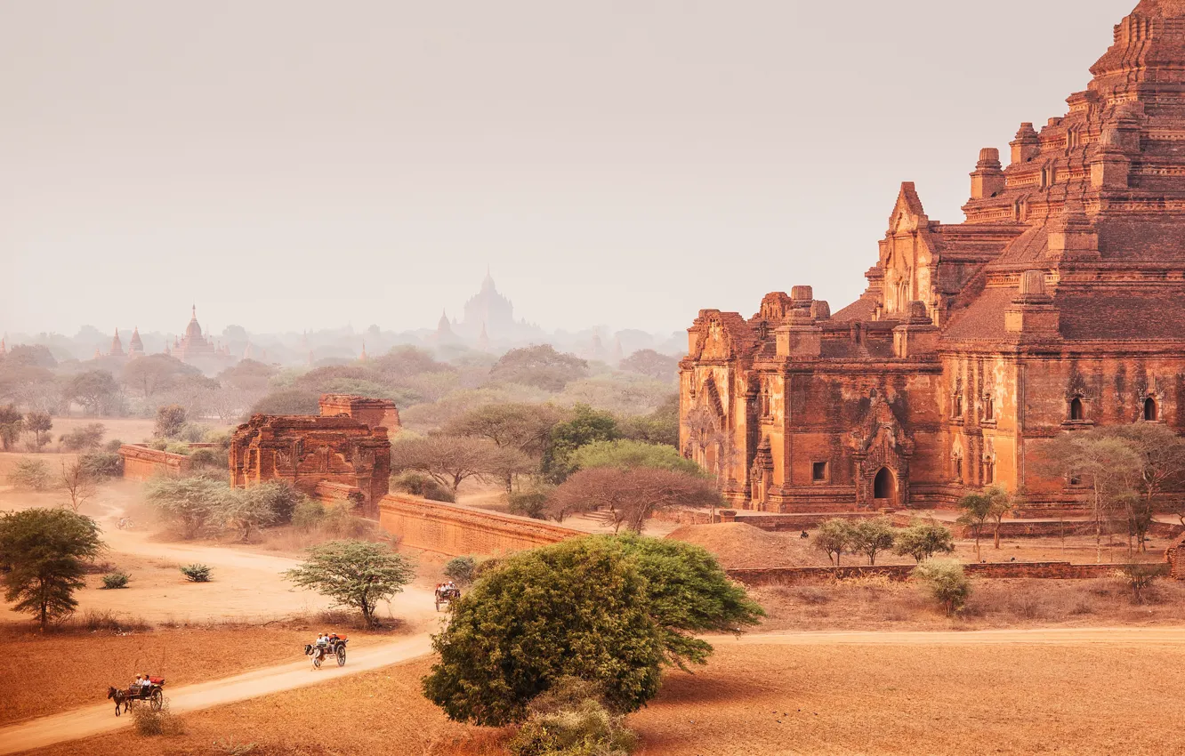 Фото обои дорога, небо, пыль, сухой, Мьянма, храмы, Баган, Лошадь корзину