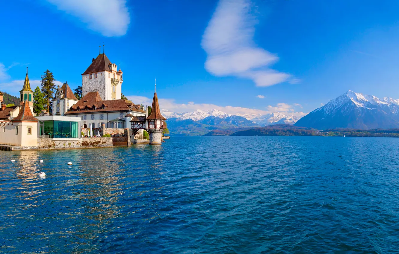 Фото обои горы, озеро, замок, Швейцария, Альпы, Switzerland, Alps, Lake Thun