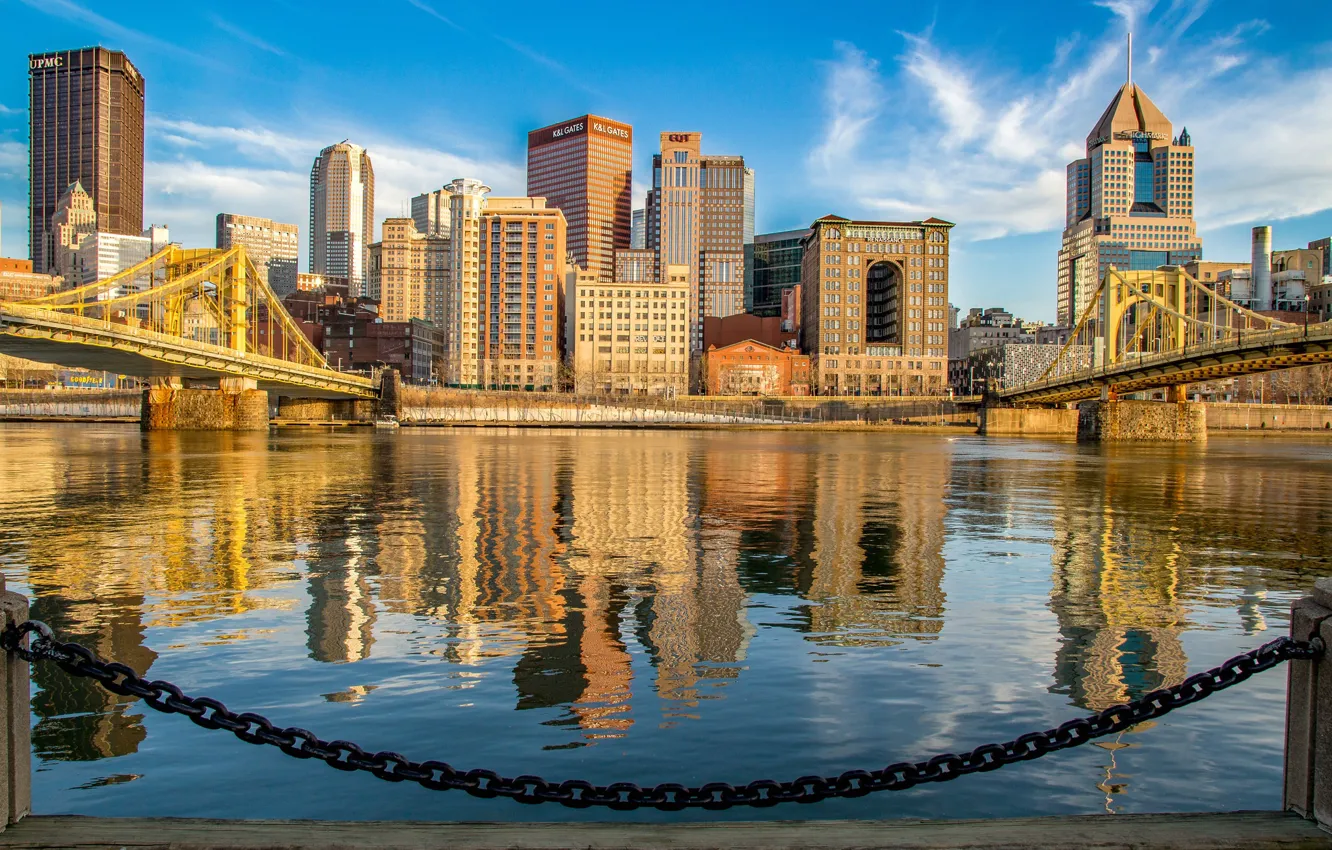 Фото обои река, здания, цепь, мосты, Пенсильвания, набережная, Pennsylvania, Питтсбург