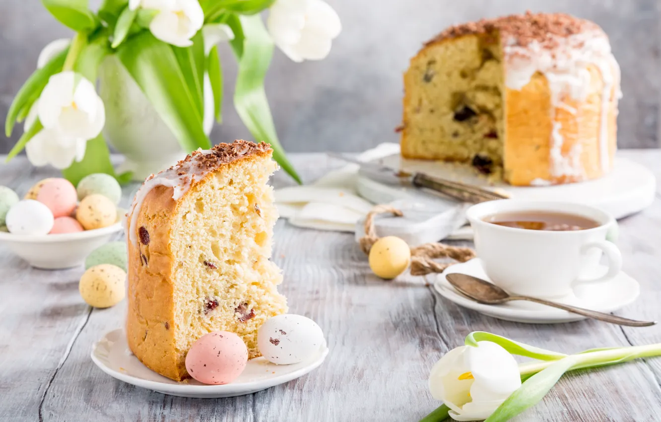 Фото обои цветы, яйца, весна, Пасха, тюльпаны, white, happy, cake