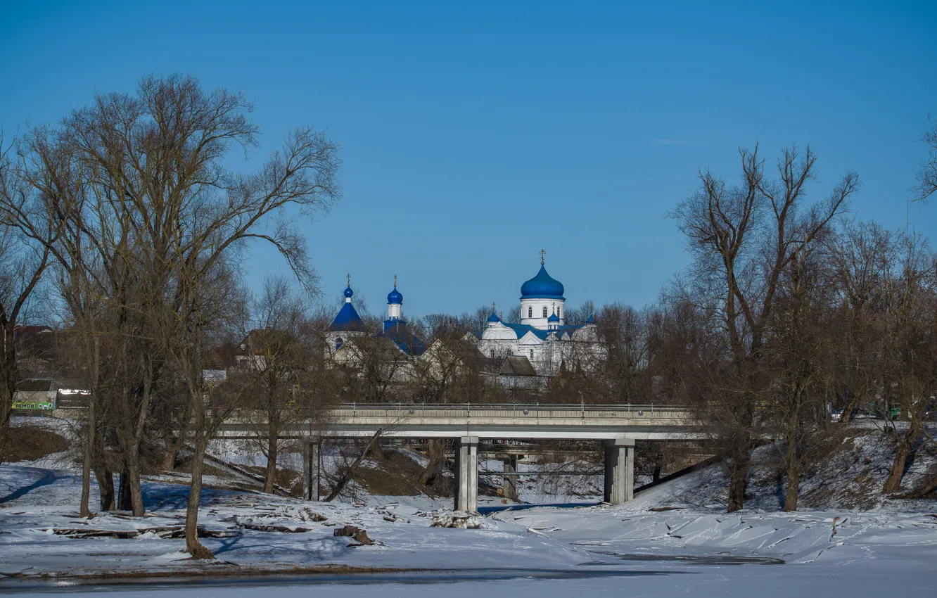 Фото обои зима, мост, город, церковь, могилев