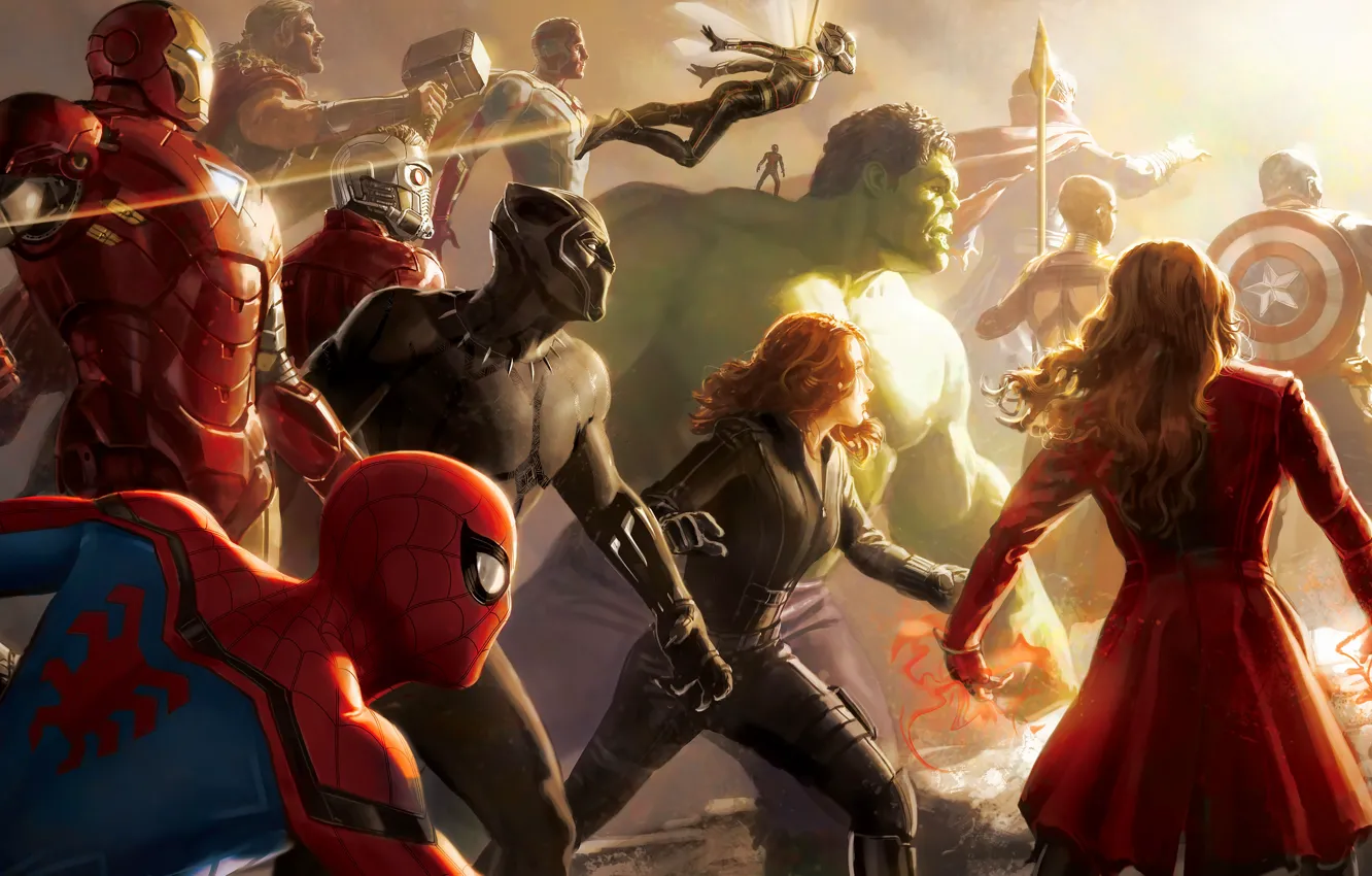 Фото обои Scarlett Johansson, Infinity, Vision, Hulk, Nebula, Iron Man, War, Falcon