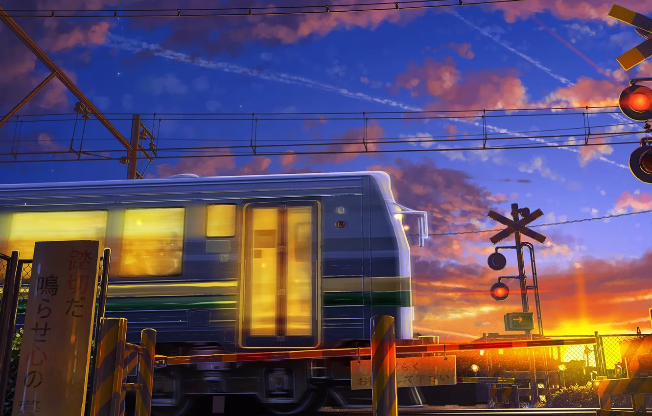 Фото обои провода, поезд, электричка, иероглифы, восход солнца, шлагбаум, переезд, свет в окнах