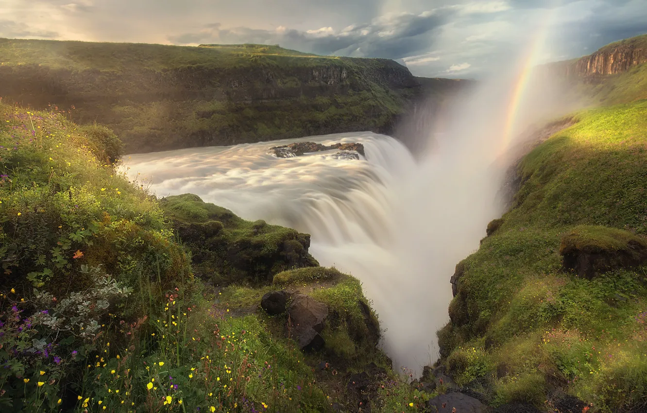 Фото обои пейзаж, горы, природа, водопад, радуга, расщелина, Исландия, Михалюк Сергей