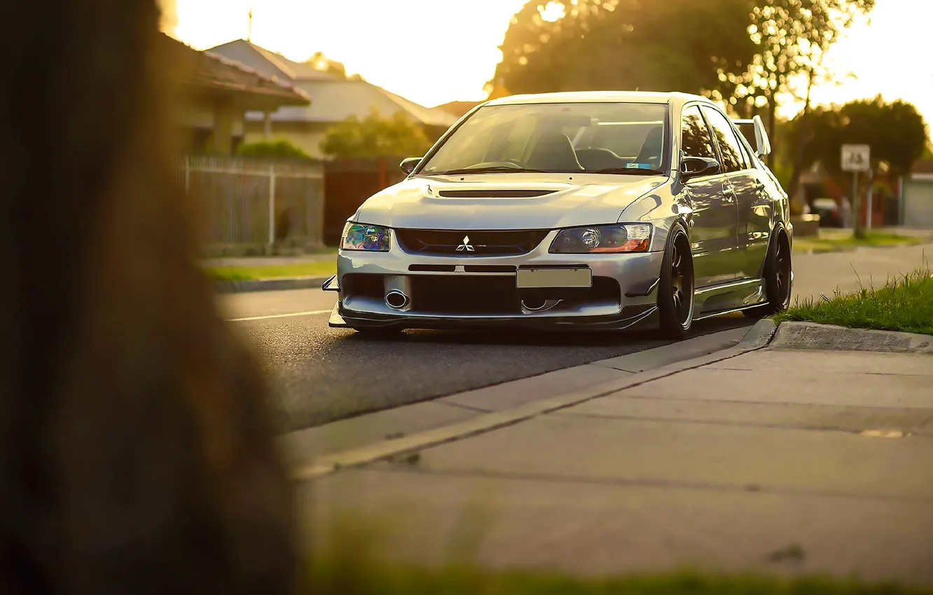 Фото обои Mitsubishi, Lancer, Car, Grass, Front, Sun, Stance, Evo IX