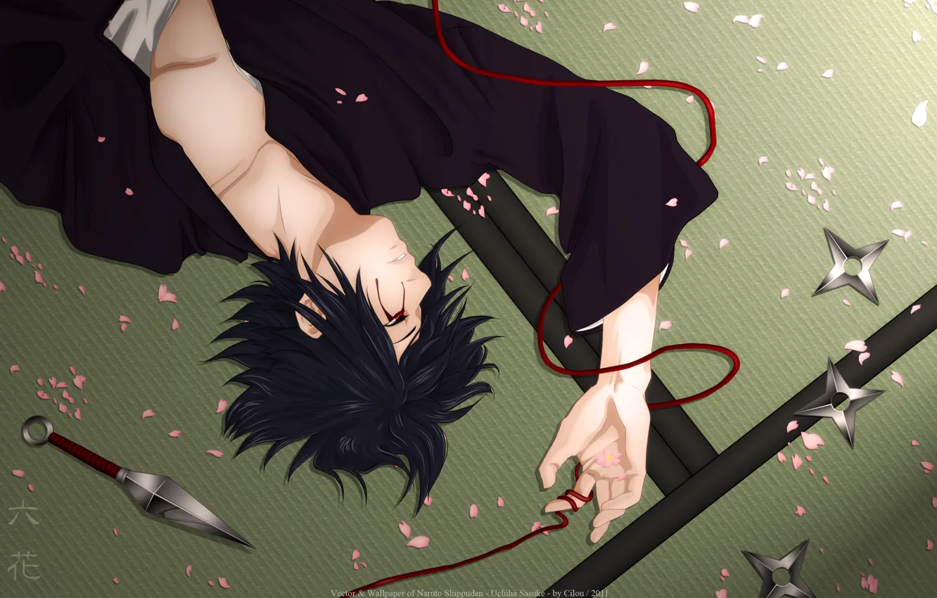 Фото обои лепестки, naruto, красная нить, кунай, uchiha sasuke, сюрикен