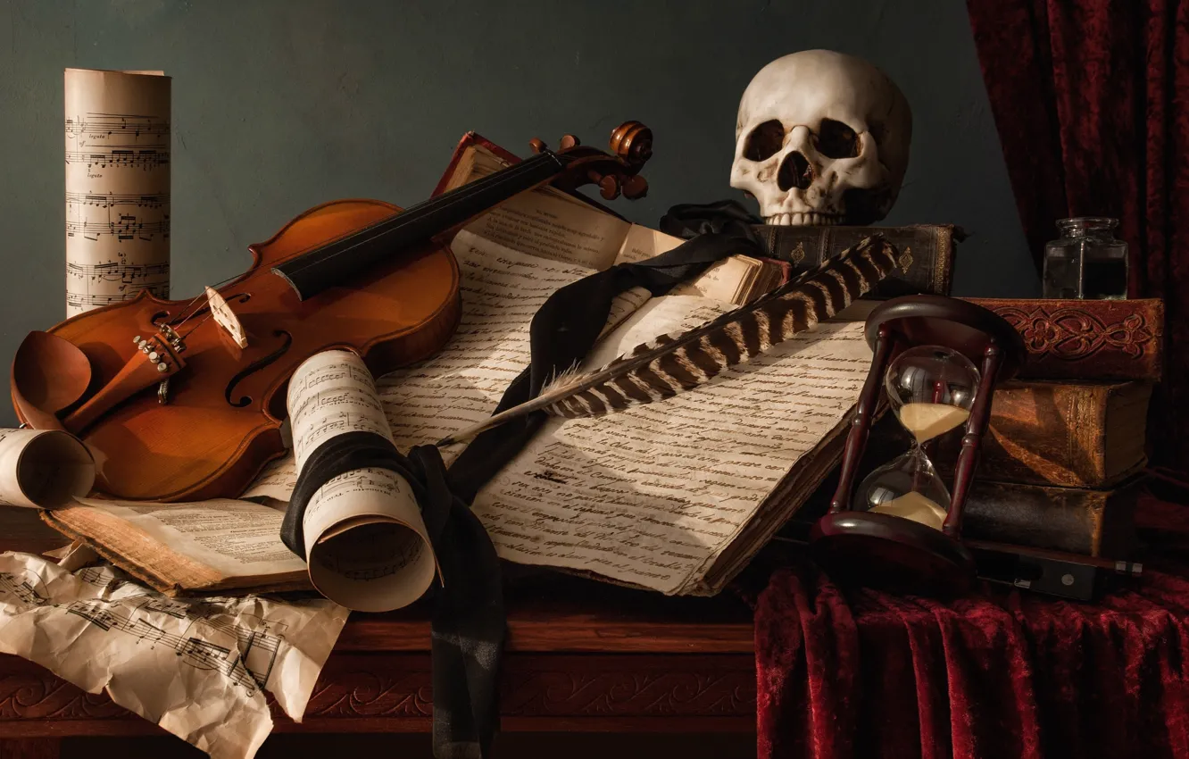 Фото обои ноты, перо, скрипка, книги, череп, натюрморт, песочные часы, рукопись
