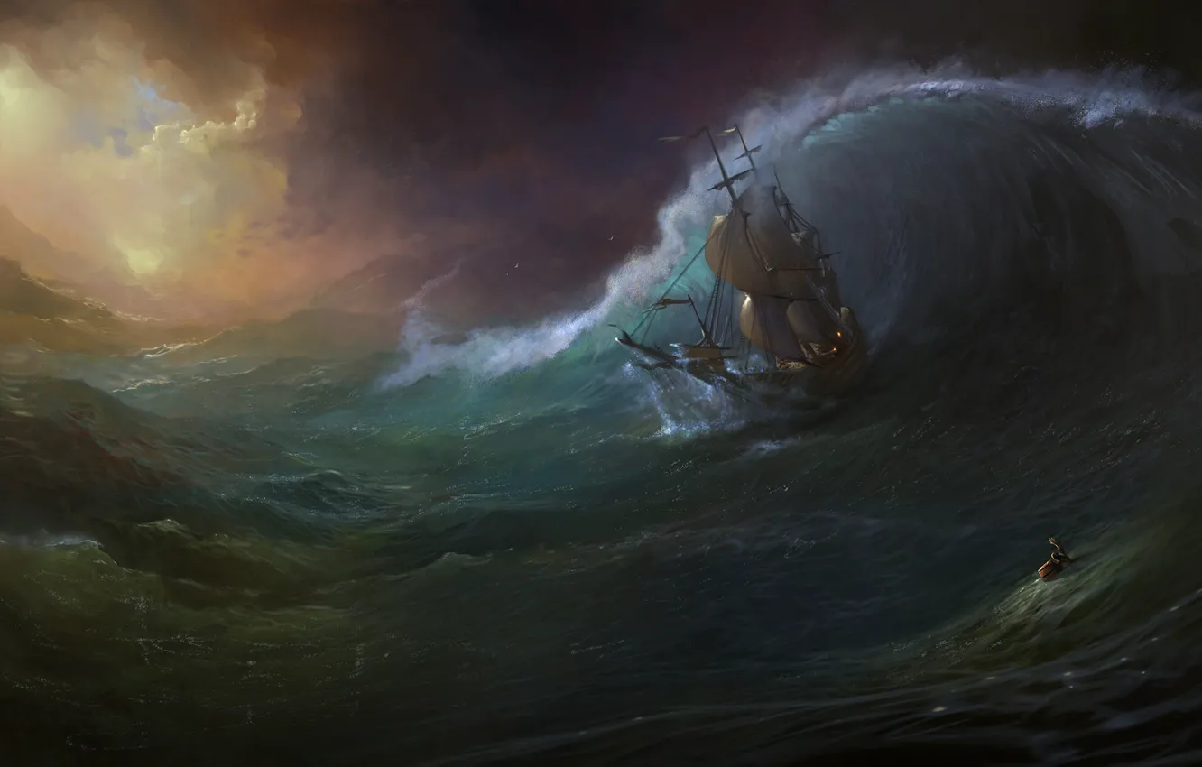 Фото обои море, волны, шторм, человек, корабль