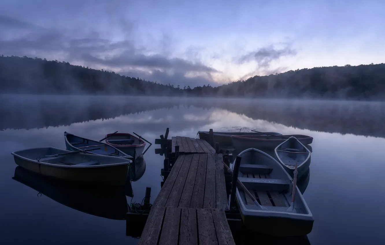 Фото обои озеро, лодки, утро, причал
