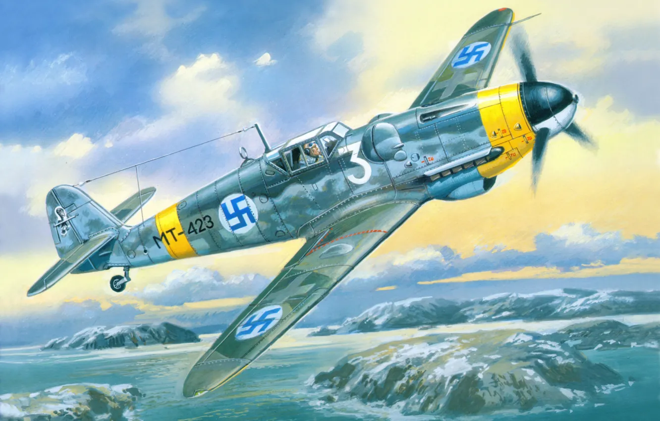 Фото обои небо, война, истребитель, Арт, Messerschmitt, немецкий, поршневой, одномоторный