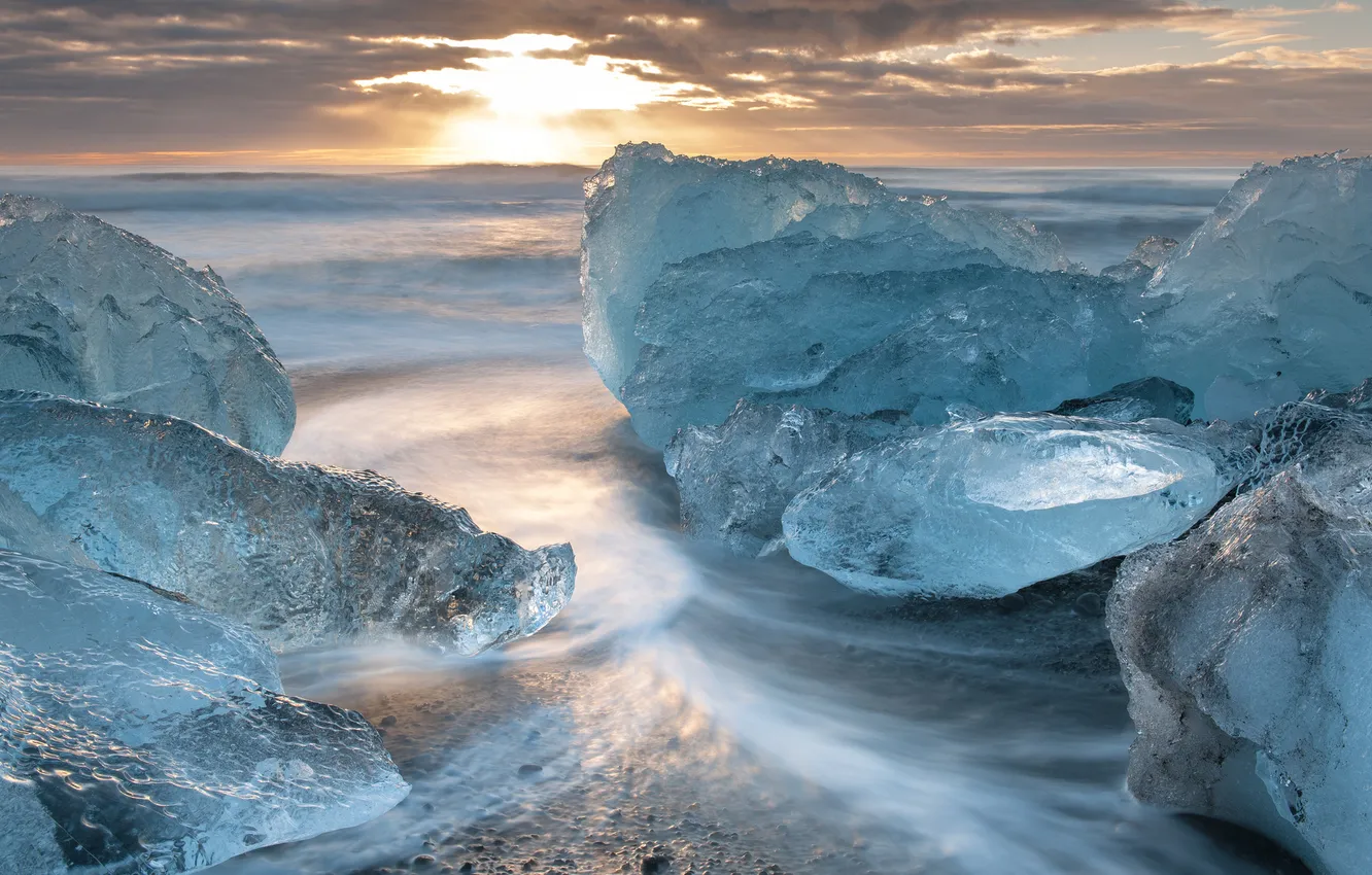Фото обои холод, лед, море, тучи, рассвет, утро, льдины