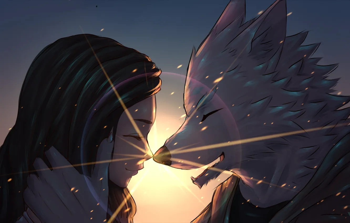 Фото обои девушка, солнце, любовь, волк, фэнтези